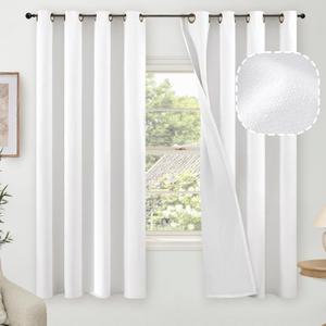Blackout Curtains for Bedroom 63 Inch Length 2 Panels Set, Thermal Insulated 100% Black Out Privacy Soundproof Grommet Farmhouse Linen Window Curtains for Living Room Darkening, White, Each 52Wide