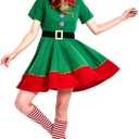 Women's Holiday Christmas Elf Costume Dress With Hat Sock Elf Costume for Women (Small)