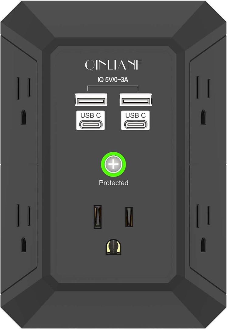 Surge Protector, QINLIANF 5 Outlet Extender with 4 USB Ports(2USB-C) | 1680 Joules, 3-Sided Power Strip, Multi Plug Wall Outlet Adapter Spaced for Home Travel Office, Black