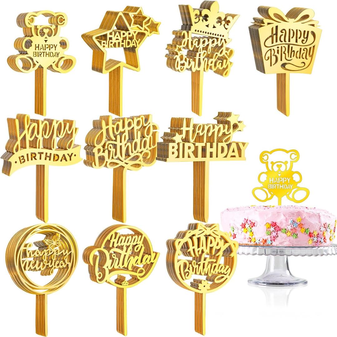 150 Pcs Happy Birthday Cake Toppers Acrylic Cake Topper Glitter Birthday Cake Decorations Double Sided for Adults Various Cake Decoration Party Supplies(Gold,Retro)