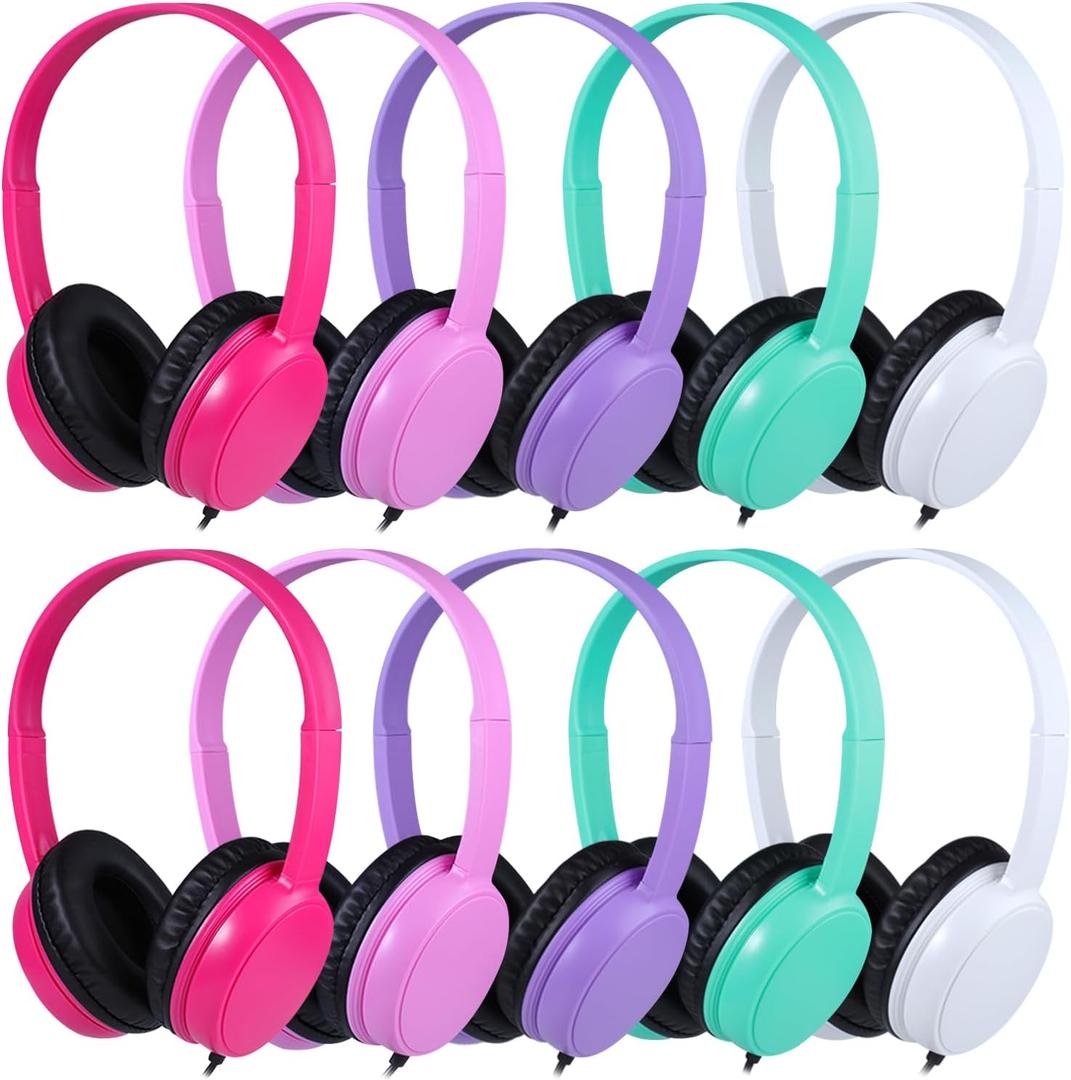 10 Pack Classroom Headphones for School Kids Students, Durable On Ear Comfy Wired Headset for Children Boys Girls Teens Toddler, Noise Stereo Sound 3.5mm Jack for Online Learning Travel(GS30,10Mixed)