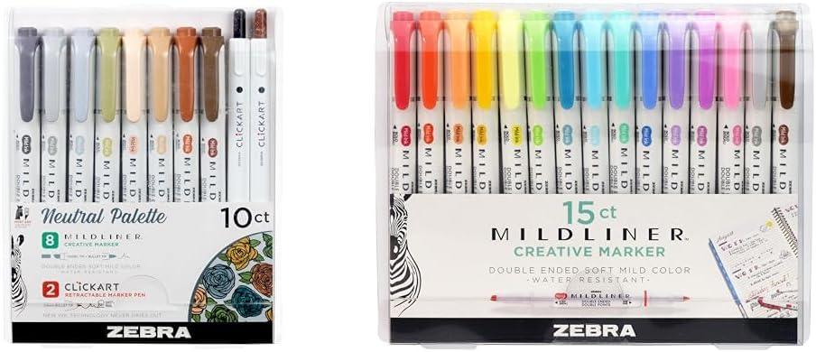 Zebra Pen Neutral Palette Set, Includes 8 Mildliner Highlighters and 2 ClickArt Markers & Mildliner Double Ended Highlighter Set, Broad and Fine Point Tips, Assorted Ink Colors