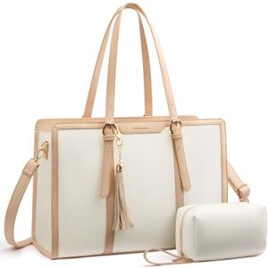 LOVEVOOK Laptop Bag for Women 15.6 inch Lightweight Canvas Laptop Tote Bag, Large Capacity Computer bag with Clutch Purse for Business, Work, Office, Travel, SchoolPearl White & Beige15.6 Inch
