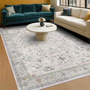 Boho Light Gray & Sage 6x8 Living Room Rug - Washable Large Area Rugs for Dining Under Table, Neutral Geometric Floral Bedroom Carpet, Modern Vintage Low Pile Stain Resistant