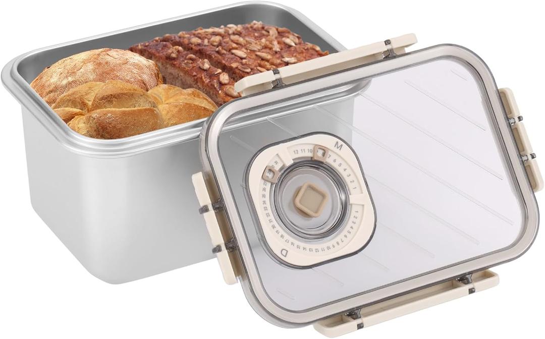 Bread Box for Homemade Bread, Time Recording Bread Storage Container with Lid, Airtight Fresh Bread Holder bin For Kitchen Countertop, Dishwasher Safe, 7.3x4.9x4.3 Inch