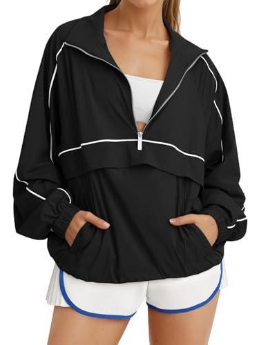 Fisoew Quarter Zip Pullover Women UPF 50+ Lightweight Windbreaker Jacket Running Hiking Outdoor Pullover with Pocket, L