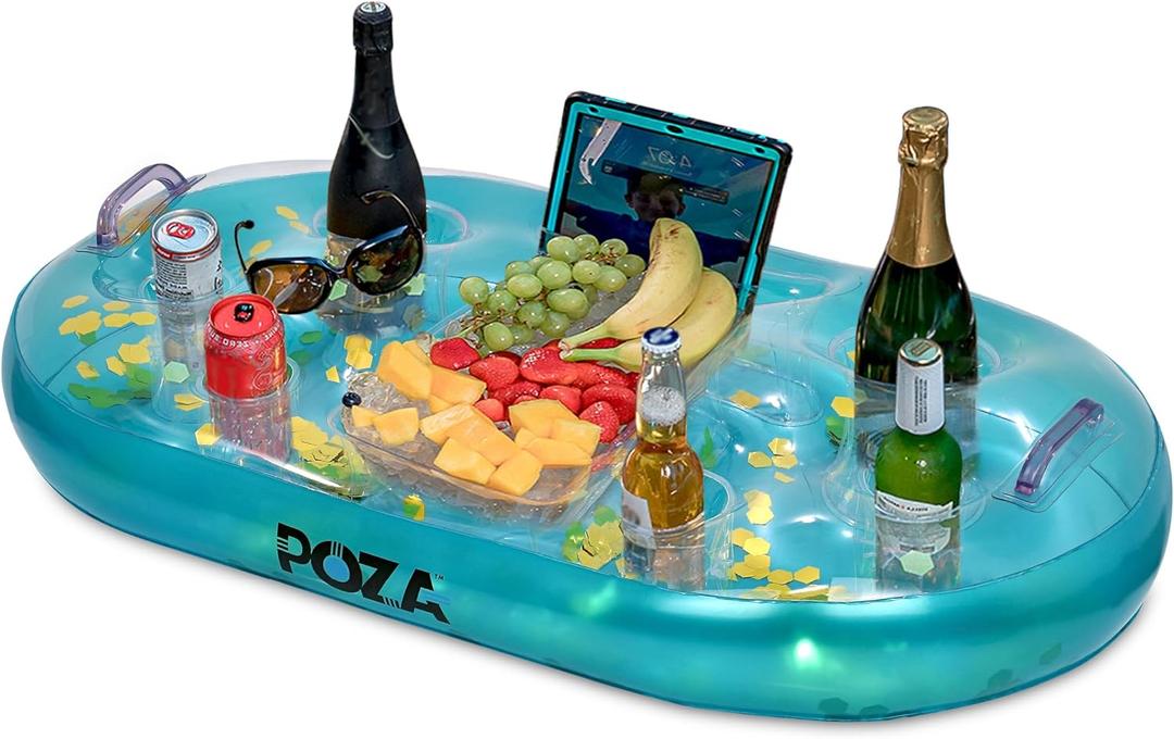 POZA Inflatable Gold Floating Cooler - Luxurious Drink Holder Filled with Sparkly Confetti, Premium Party Float with 8 Holders, Serving Bar for Beach, Lake, Hot Tub, Jacuzzi and Pool - 39x23 Inches (Blue)