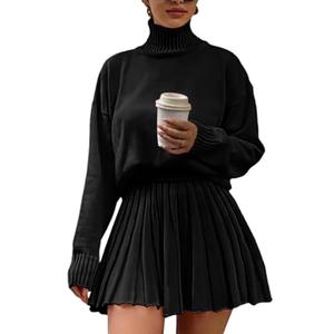 Jenisso Women's 2 Piece Outfits Turtleneck Long Sleeve Oversized Pullover Sweaters And Pleated Mini Skirt Two Piece Sets, Black, Size S