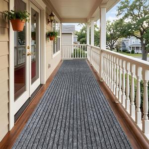 Indoor Outdoor Runner Rug 3 x 15 ft, Gray Non Slip Rubber Backed Floor Runner, Low Profile Area Carpet for Hallway, Kitchen, Entryway, Balcony, Garage, Stairs & Laundry, Stripe