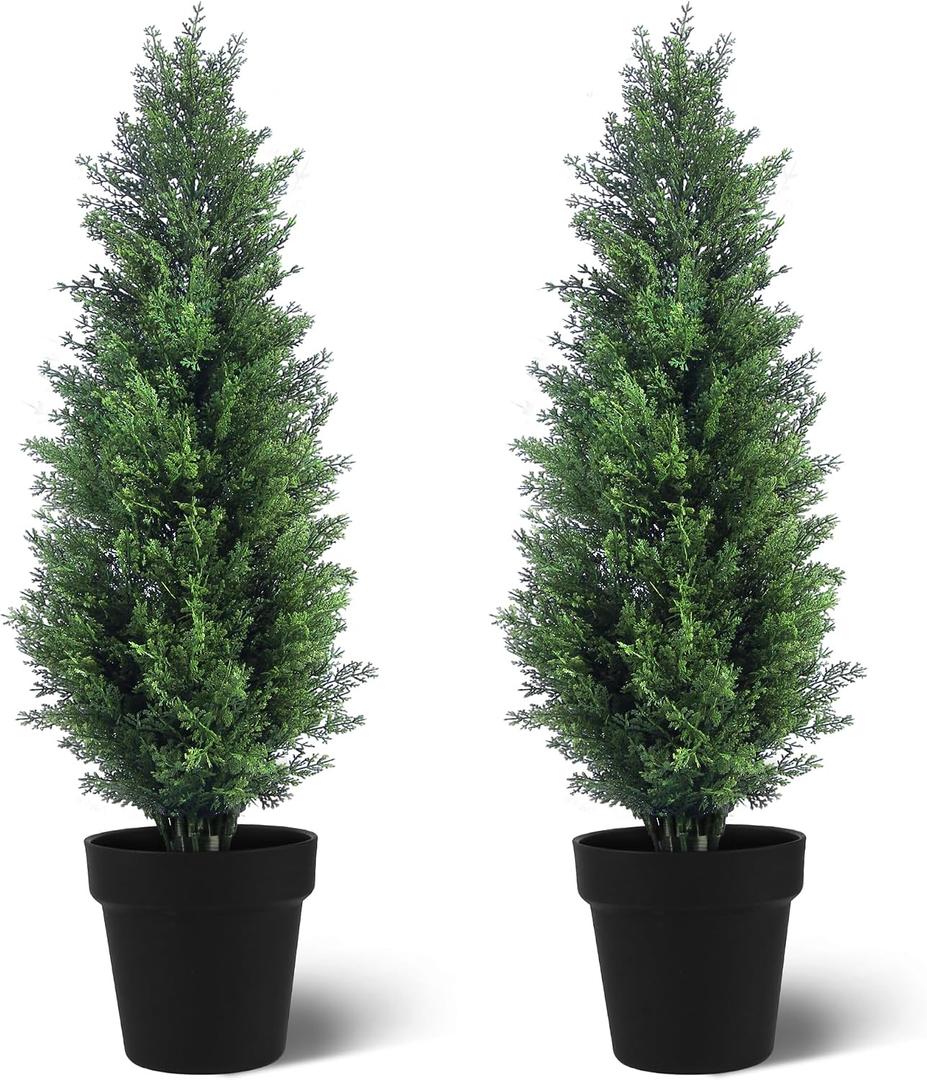 Two 2FT Tall Artificial Evergreen Trees, Beautiful and Realistic Human-Potted False Cypress, an Evergreen Plant for Home Porch Decoration,suitable for interior, office, living room and room decoration