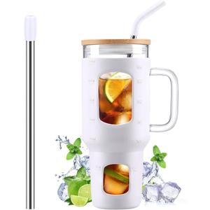 Glass Tumbler with Straw and Lid, 40 oz glass cup with handle, Glass Water Bottles with Time Marker, Silicone Protective Sleeve-White