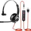 USB Headset with Mic for PC, On-Ear Computer Laptop Headphones with Noise Cancelling Microphone in-line Control for Home Office Online Class (USB+3.5mm Single Ear Headset, Black)