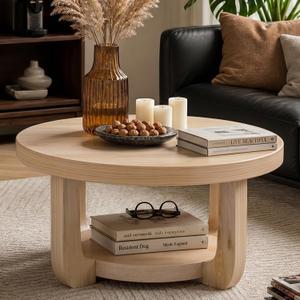 Round Coffee Table, 2-Tier Circle Coffee Table with Storage Nature