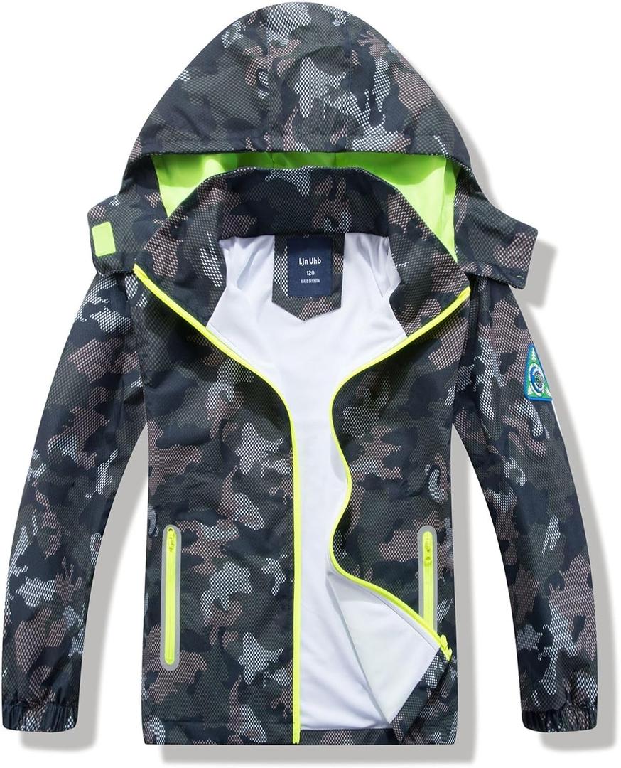 Waterproof Hooded Jacket for Boys Girls,Kids Raincoats Outdoor Windbreaker Dinosaur Rain Jacket 12-14Y