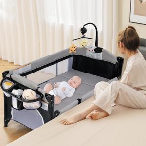 INFANS Pack and Play, 5 in 1 Baby Bedside Sleeper with Bassinet, Diaper Changer, Mattress, Carry Bag, Music Box Hanging Toys, Foldable Bedside Crib, Portable Playard for Newborn Toddlers (Gray) (Grey)