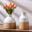 Rustic Farmhouse Flower Ceramic Striped Vase, White and Brown Decorative Ceramic Modern Floral Vase for Bouquet, Cottage Home Core Decor, Tabletop Bedroom Office Bookshelf Living Room Wedding 7.7 Inch