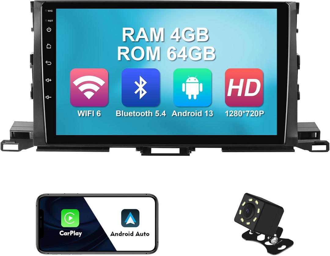 4+64G 10.1-inch Android 13 WiFi 6 Car Stereo for Toyota Highlander 2014-2019 IPS Touchscreen Screen Bluetooth 5.4 Car Radio with Carplay & Android Auto Support Backup Camera FM Navi SWC