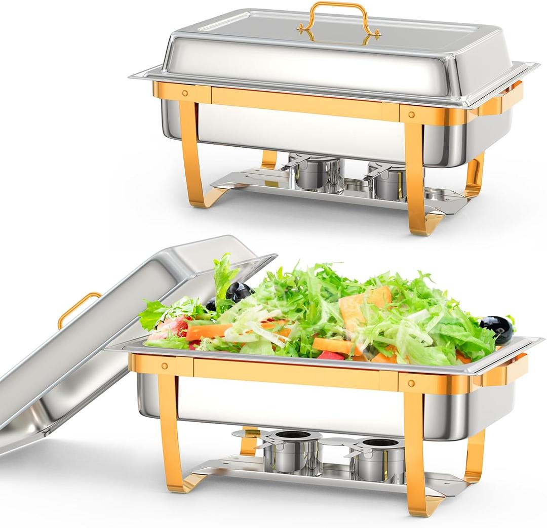 Chafing Dish for Buffet Set, 2 Packs 8 QT Chafers and Buffet Warmers Sets with Folding Frame for Weddings Parties Banquets Catering Events, Gold