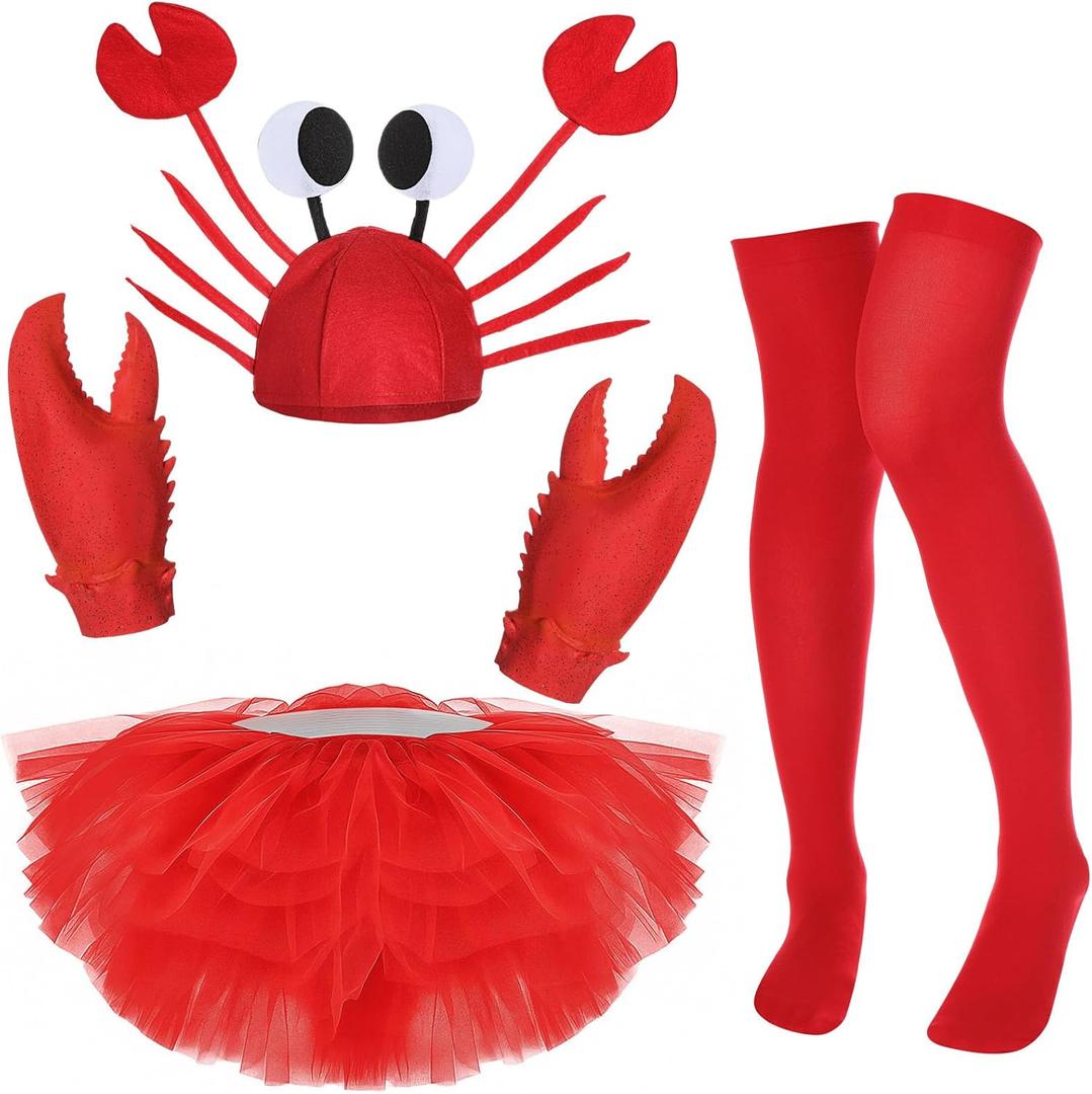 4 Pcs Halloween Crab Costume Set Funny Crab Hat Set Lobster Gloves Adult Red Tutu Skirt Socks for Cosplay Party