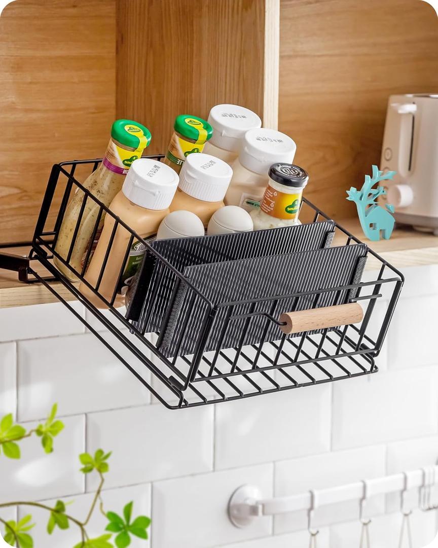 Baffect Pull-Down Cabinet Organizer, 20 Sloping Drop Down Spice Rack with 2 Adjustable Dividers, Heavy-Duty Sliding Out Storage Basket for Pantry/Cupboard/Upper Cabinet (Metal, Black)