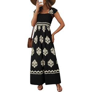 Happy Sailed Black Jumpsuits Rompers for Women Spring Summer Outfits Womens Overalls Square Neck Short Sleeve Graphic Printed Long Pants Romper Beach Vacation Outfits for Women, Medium