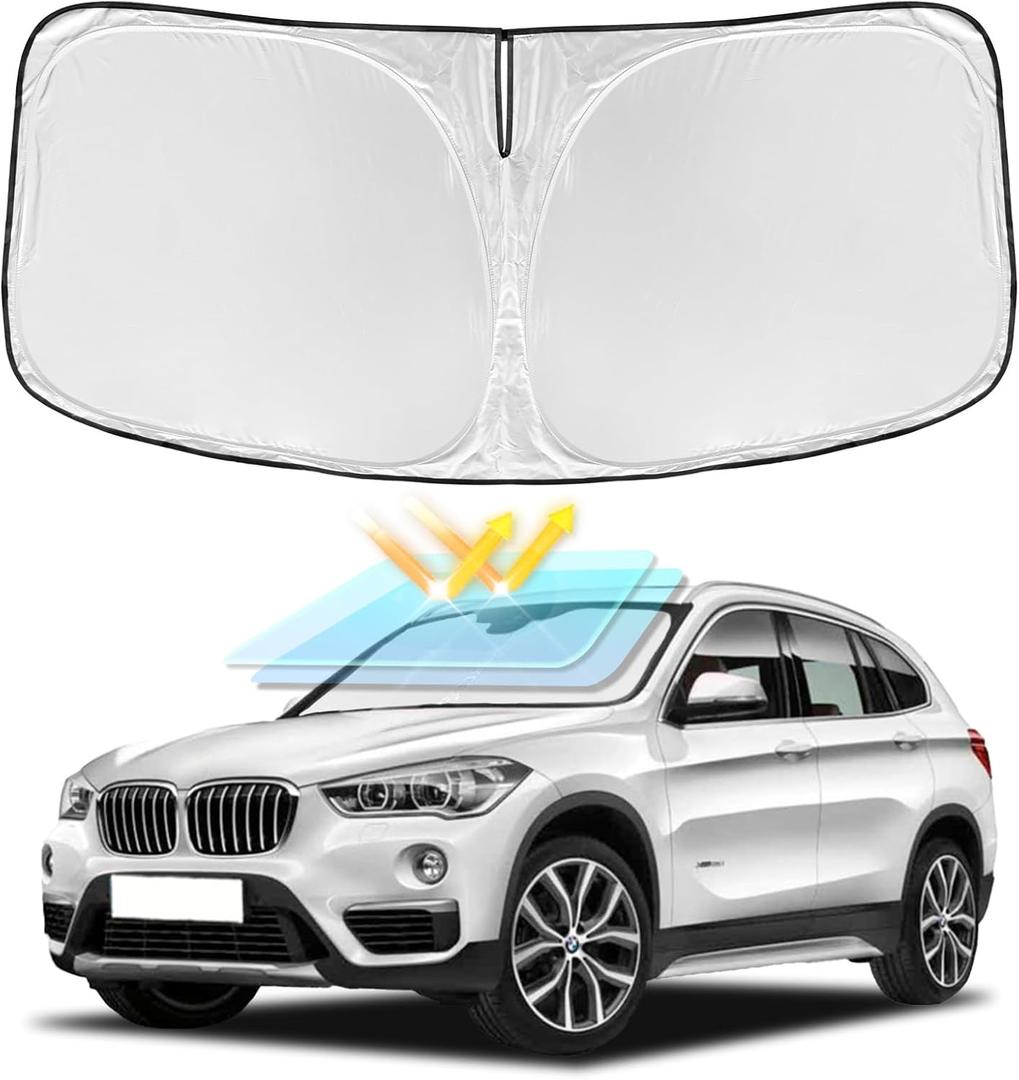 for BMW X1 F48 U11 2016-2024 2025 Windshield Sun Shade - 4 Layers Car Sunshades for Front Windows Shade Cover Custom Fit X1 F48 U11 Sun Visor 240T Retractable Shade Blocks UV Rays Car Accessories