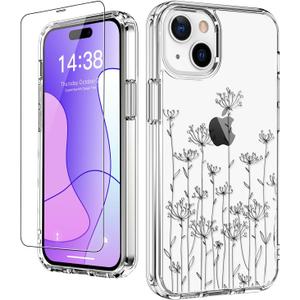 LUHOURI for iPhone 15 Plus Case with Screen Protector - Crystal Acrylic Clear - Fashionable Pattern Design -Wireless Charging -Slim Fit Protective Phone Cover for Women Girls,Elegant Small Flowers