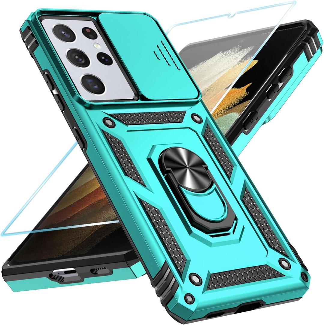 SunStory Phone Case for Samsung Galaxy S21 Ultra 5G Case with HD Screen Protector & Slide Camera Cover & Rotated Ring Kickstand, [Military-Grade] [2 in 1] Phone Case for Galaxy S21 Ultra 6.8'', Teal