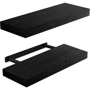 Amada HOMEFURNISHING Floating Shelves Wall Mounted, 15 x 7 Inch Wall Shelves for Bathroom, Bedroom, Living Room, Black Shelves Set of 2