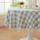 Laolitou Spring Blue Checkered 48" Round Tablecloth (Fits 20-36" Table) Buffalo Plaid Table Cloth with Tassel Washable Cotton Linen Gingham Table Cover for Living Room, Blue, Round