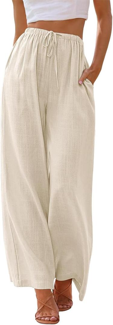 NIMIN Women Summer Linen Beach Flowy Pants Lightweight Drawstring Waist Wide Leg Vacation Clothes with Pockets (Small, Apricot)
