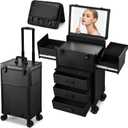 Faquenc Rolling Makeup Case with Lighted Mirror, Cosmetology Case on Wheels with LED Mirror, Professional Salon Trolley Cart with Drawer,Travel Makeup Lockable Beauty Organizer with Live Stream Light