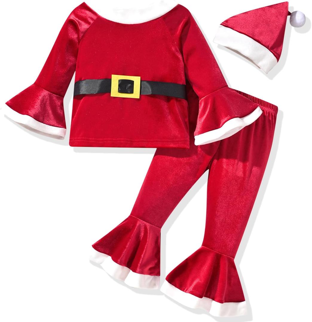 HIHA Toddler Little Girls Long Flare Sleeve Tops Bell Bottom Pants Outfit with Headband (3-4T, Christmas-Santa)