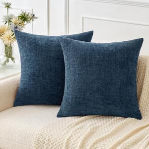 MIULEE Pack of 2 Blue Throw Pillow Covers 18x18 Inch Soft Chenille Pillow Covers for Sofa Living Room Couch Solid Dyed Cases