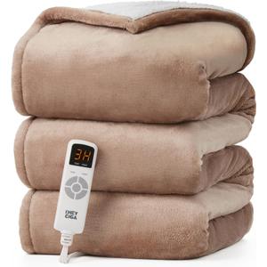 EHEYCIGA Electric Heated Blanket Throw - Sherpa & Fleece, 9 Heating Levels, Auto Off, 50 x 60 Inches, Beige (Camel)