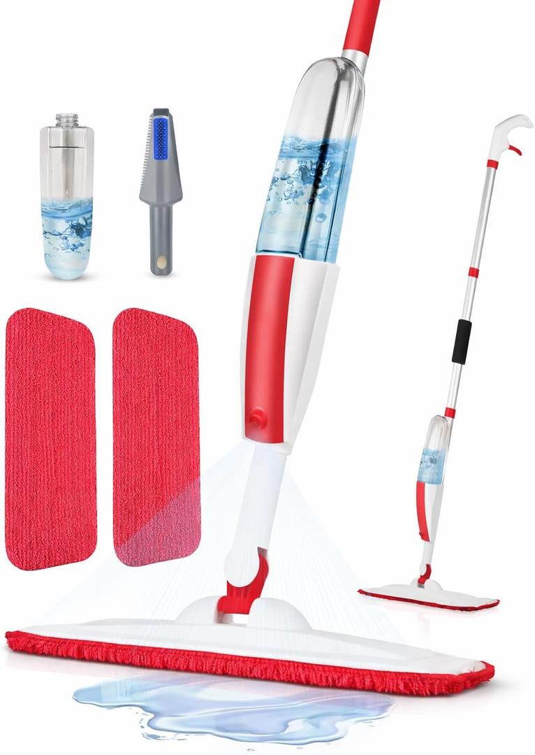 Spray Mop for Floor Cleaning with Refillable Bottle (14 oz), 3 Washable Microfiber Pads & Scraper Lightweight 360 Rotating Mop, No Batteries, Streak-Free Cleaning for Hardwood, Tile & Laminate