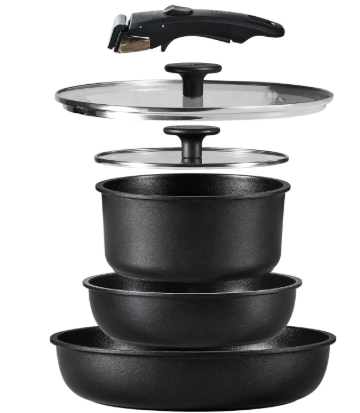 CAROTE 5pcs Pots and Pans Set Non stick,Cookware Set Detachable Handle,kitchen essentials,RV kitchen pot and pan,Induction Cookware,Oven Safe,PFOA PFOS FREE,Black