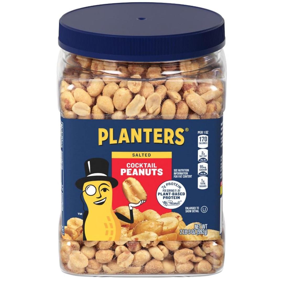 PLANTERS Salted Peanuts Cocktail, Party Snack, Plant-Based Protein, After School Snack, Roasted in Peanut Oil, Salted Nuts, Snacks for Adults, Bulk Nuts, Kosher, 2.19lb Jar (EXP 12/12/26)