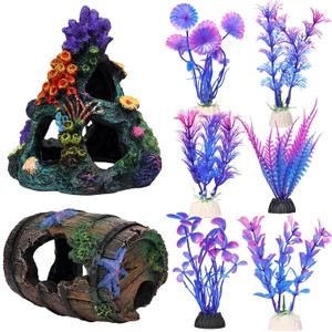 Fish Tank Decoration Betta Fish Tank Decorations Accessories, Aquarium Colorful Coral Reef Set, Coral Mountain x 1, Starfish Barrel x 1, Aquarium Decor Plants x 6