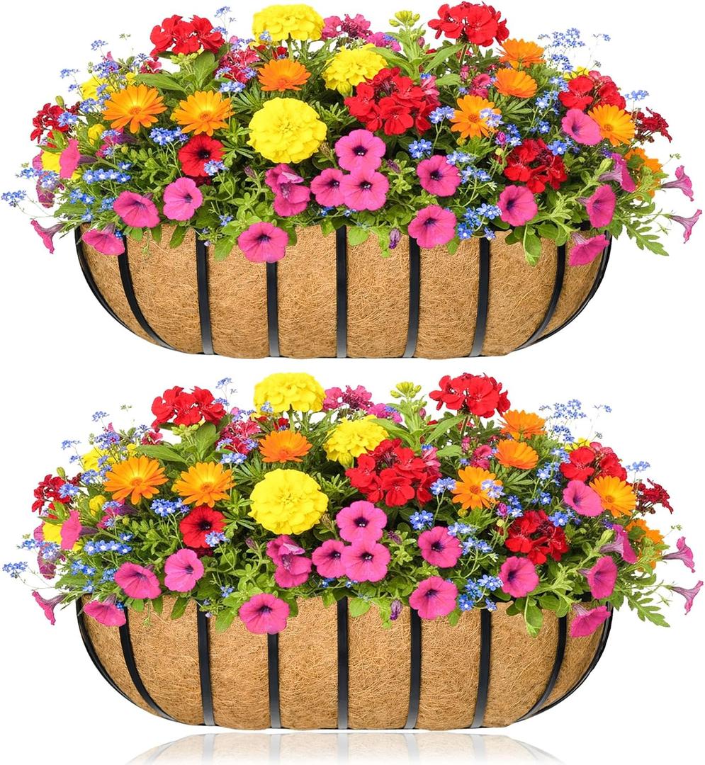 Window Box Railing Planter with Coco Liner 2 Pack 30 Inch Metal Hanging Flower Planter Deck Railing Planters Boxes for Balcony Outdoor Plants Fence Porch Patio