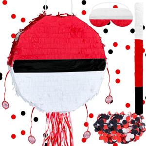 Foldable Red and White Ball Pinata Cartoon Animation Pull String Extendable Piata with Stick Blindfold Confetti for Anime Themed Fiesta Decorations Sports Team Party Video Game Nights Birthday Party