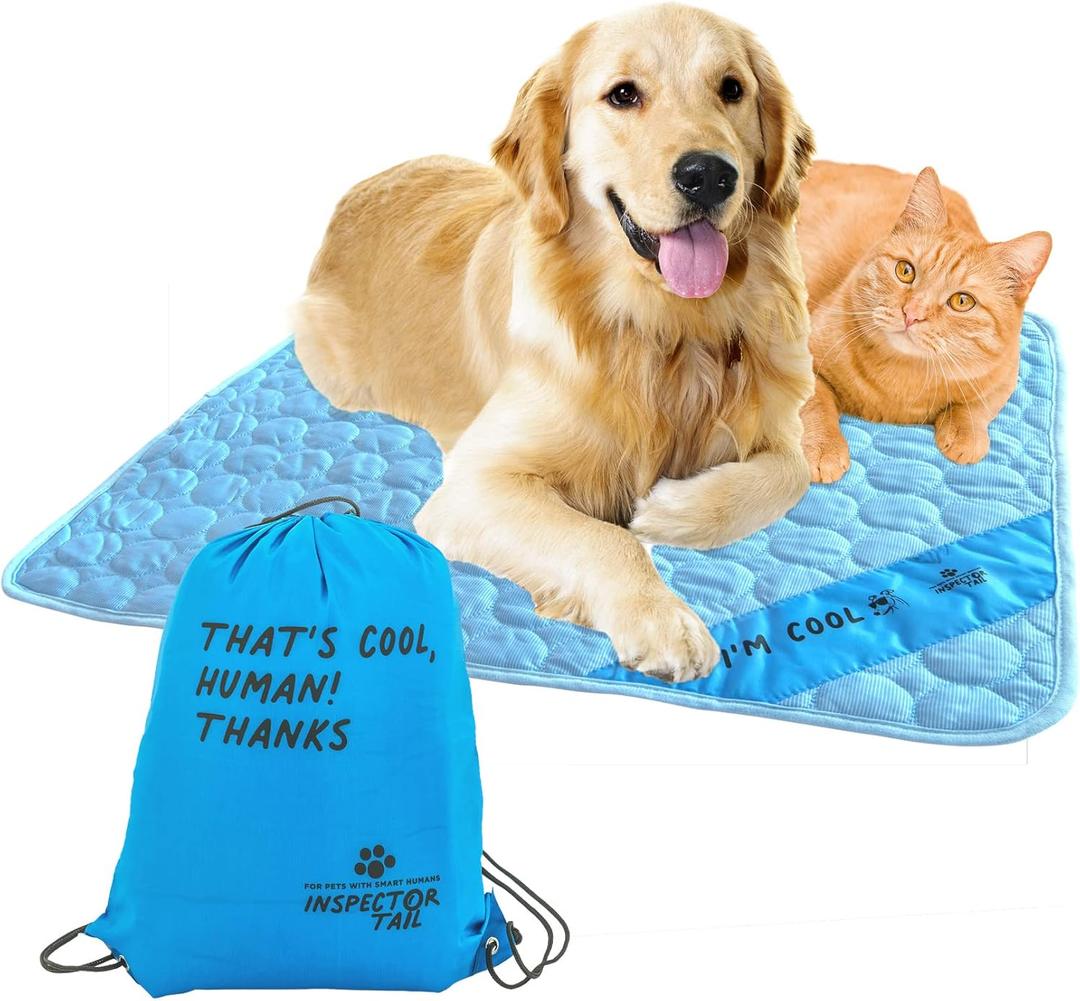 INSPECTOR TAIL Self Cooling Mat for Dog + Free String Bag/Washable & Portable Pet Soft Pad for Indoor or Outdoor/Perfect as Blanket for Kennel Sofa Bed Floor Car/Blue (Blue- 39.37" x 27.16")