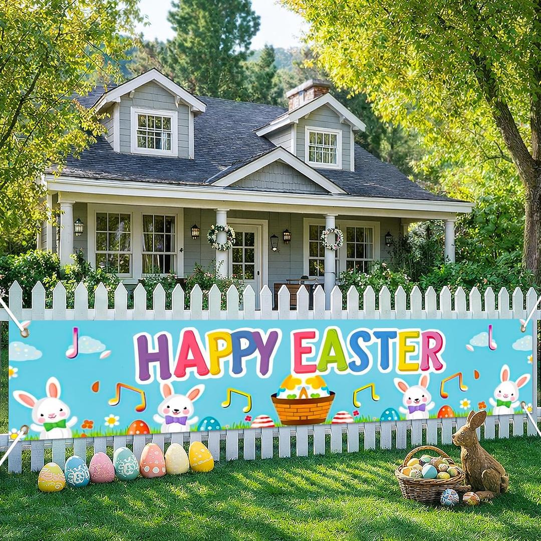 BlissYard Happy Easter Fence Banner Eggs Decor 118 x 19.68 Inch