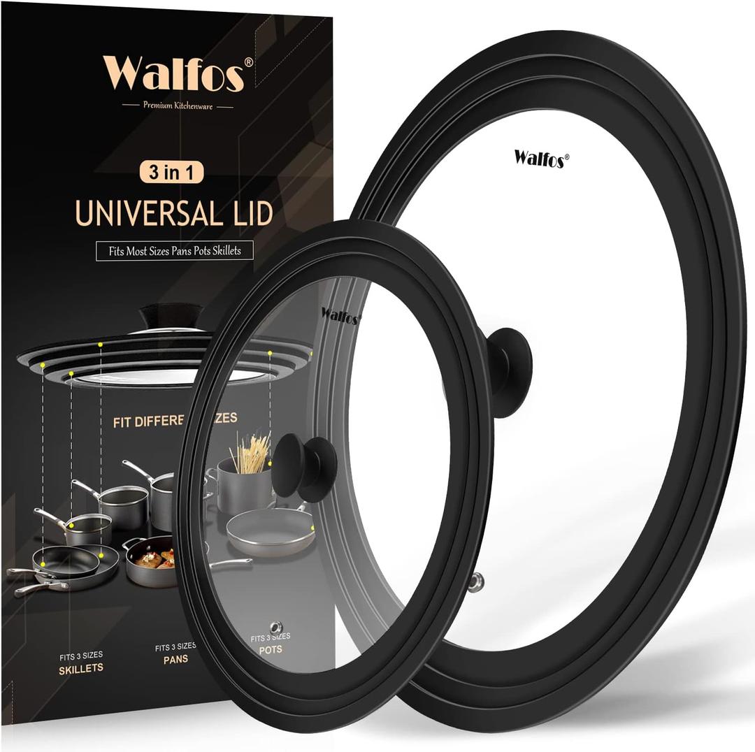 Walfos Universal Lids for Pots, Pans and Skillets - Tempered Glass with Heat Resistant Silicone Rim, Fits 6.5", 7" and 8" Diameter, 9.5", 10" and 11" Diameter Cookware2PK (2pcs 6.5" to 11")