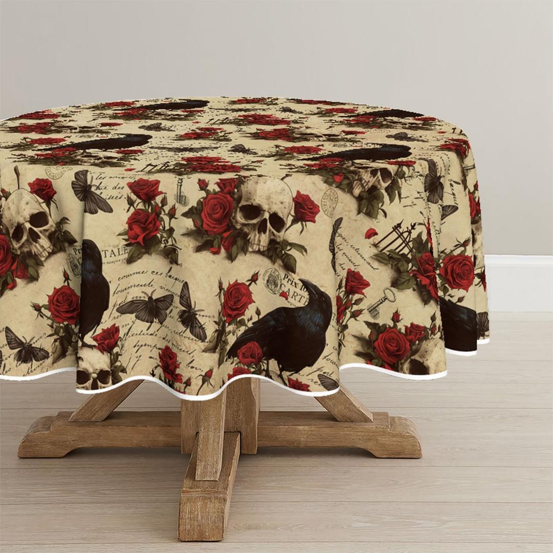 Horaldaily Halloween Tablecloth 6060 Inch Round, Crow Skeleton Roses Washable Table Cover for Party Picnic Dinner Decor (Black/Beige)