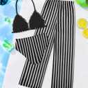 Girls Swimsuit V-Neck Halter Backless 3 Piece Bikini Sets with Cover Up Pants Stripe Bathing Suit for Girls 7-14 Years