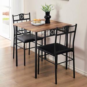 VECELO 3-Piece Small Kitchen Dining Table Set for 2, PU Padded Chairs, Easy Assembly, Brown