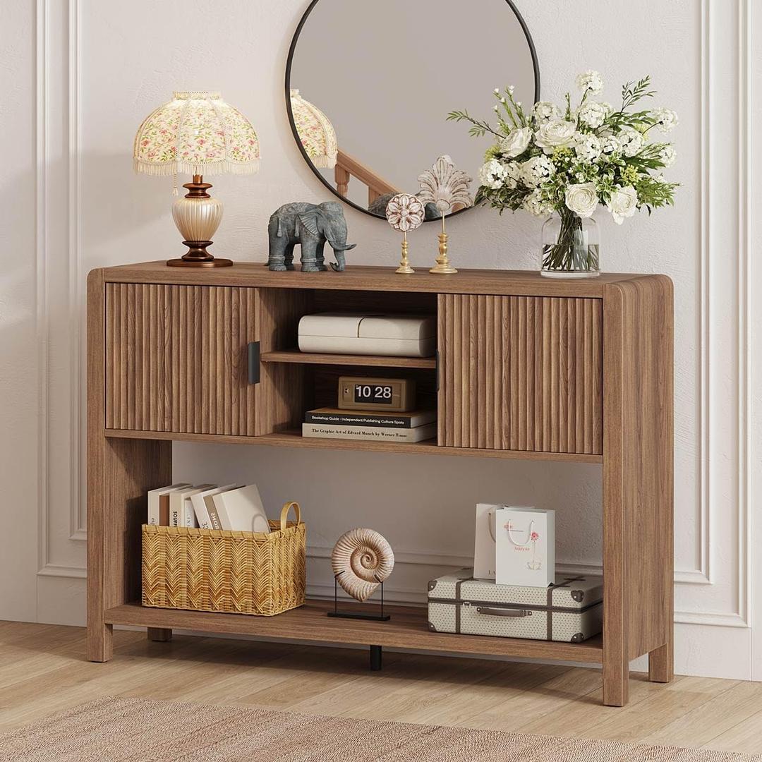 Farmhouse Console Table with 2-Door Cabinet, Retro Entryway Table with Storage Shelf, 43.31 inch Sofa Table Buffet Sideboard for Kitchen, Hallway, Dining, Living Room, Walnut