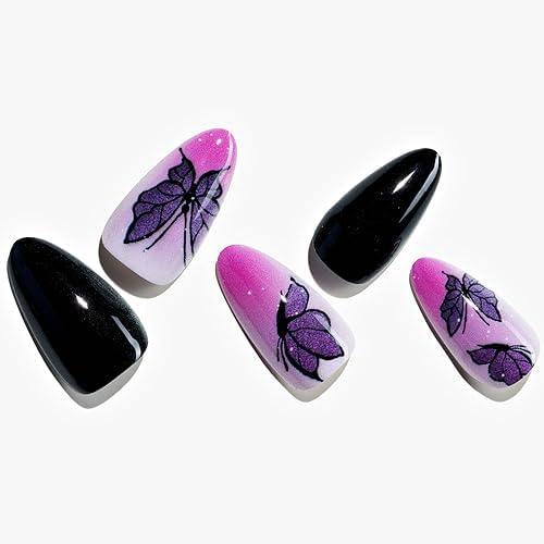 GLAMERMAID Press on Nails Almond,Halloween Gel False Nails with Design,24 PCS Glue on Nails,Reusable Acrylic Stick on Nails Tips Manicure Set for Women,Butterfly Sneak Pack of 3
