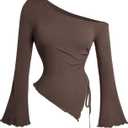 Milumia Women's Ribbed Knit One Off The Shoulder Asymmetrical Long Bell Sleeve Tops Y2K Going Out Tee Shirt Tops (Medium, Brown)